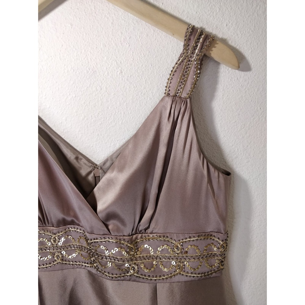 Adrianna Papell Tan 100% Silk Embellished Sleeveless Cocktail Sheath Dress 12 - Picture 2 of 9